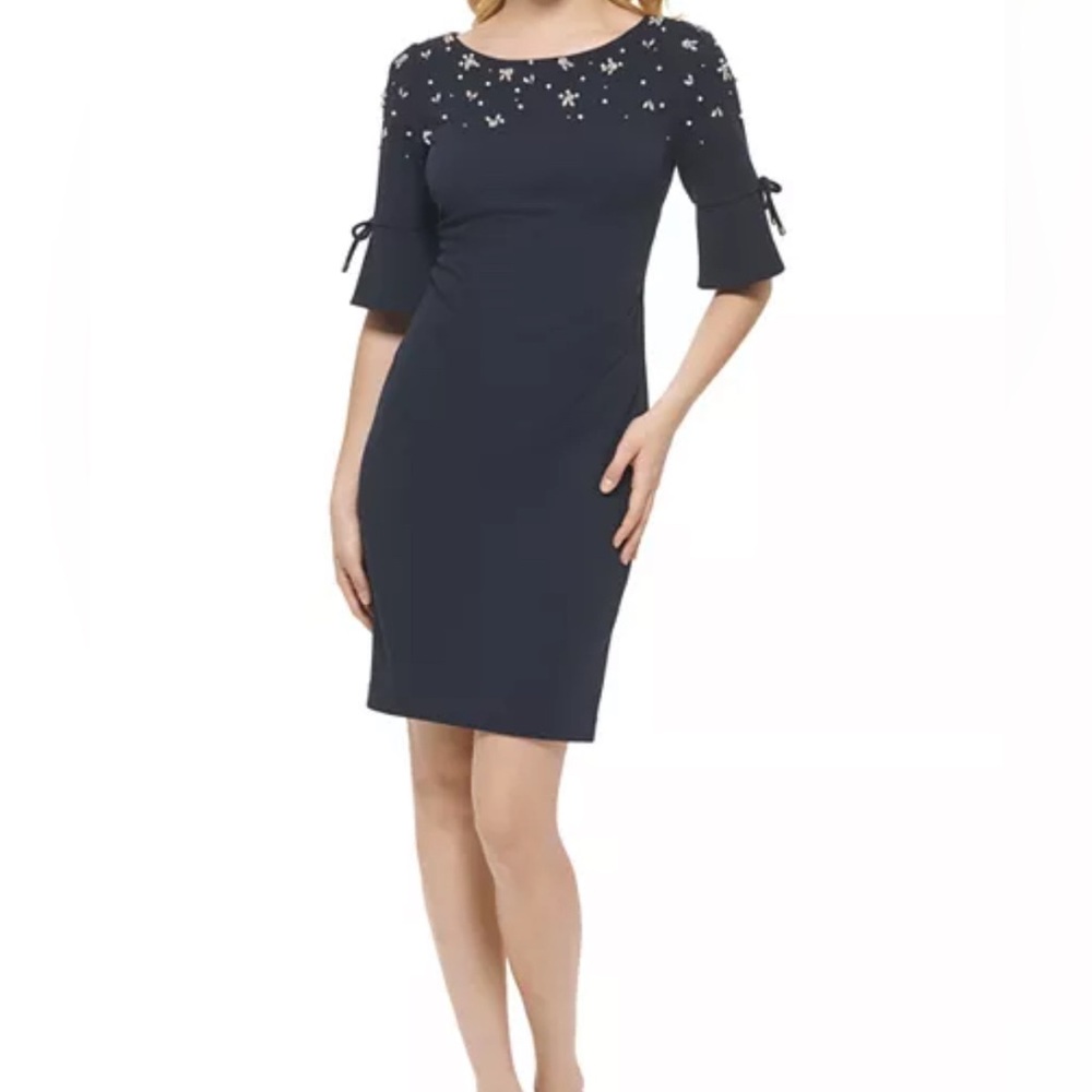 KARL LAGERFELD PARIS New Rhinestone Detail Scuba Crepe Dress|Navy Blue|Size 10